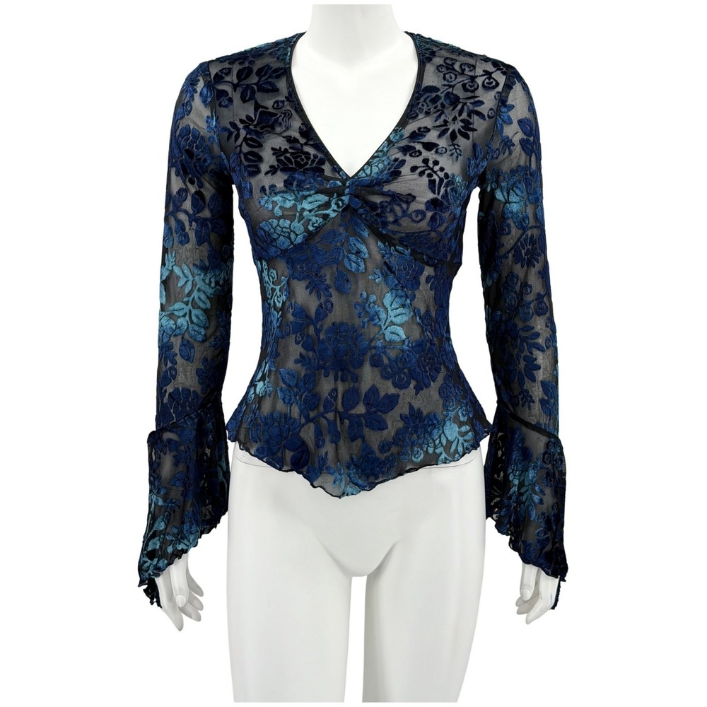 Cache Top Womens Small Blue Black Floral Velvet Burnout Y2K Whimsigoth Grunge